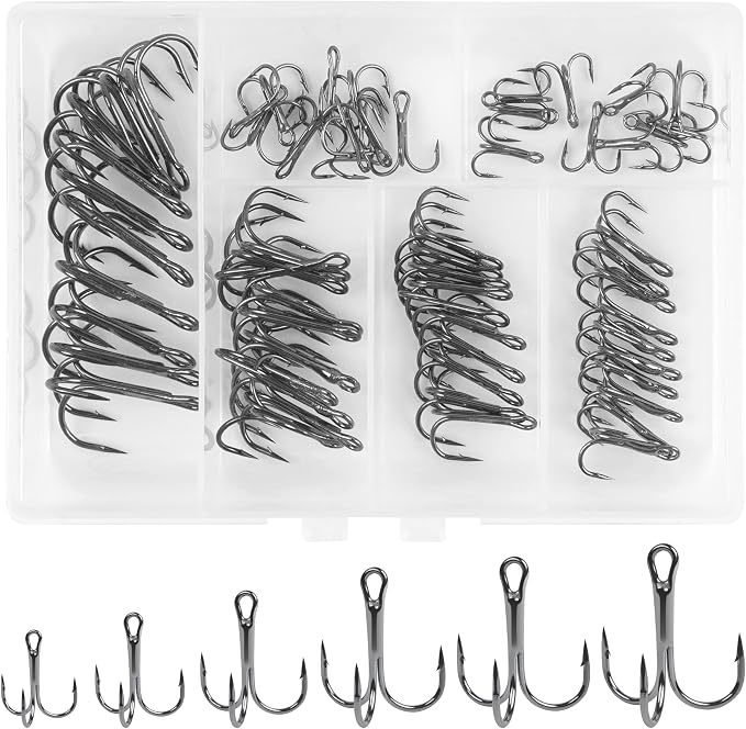 Fishing Treble Hooks Kit High Carbon Steel Treble Fishing Hooks Ring Set Strong Sharp Round Bend for Trout Bass Catfish Lures Baits Freshwater Saltwater