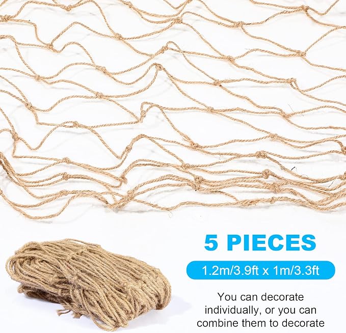 Boao Natural Fish Net Decorations for Pirate Party, Cotton and Linen Fishing Net Prop Pirate Ship Decoration for Hawaiian Fishnet Decor Nautical Themed Birthday Party Supplies(5 Pack)