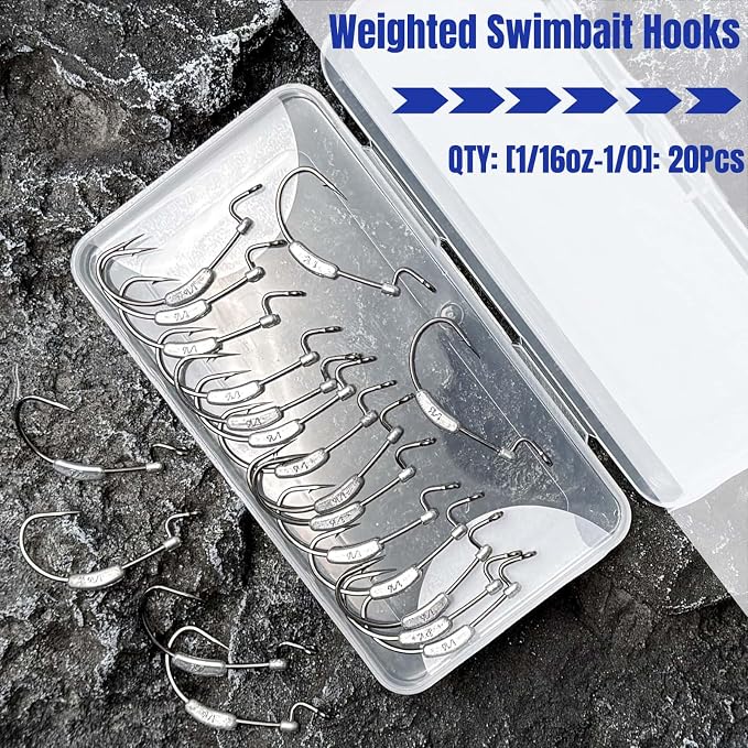 20Pcs Weighted Bass Fishing Hooks Set, Customized Swimbait Hooks Wide Gap Weedless Worm Fish Hook with Molded Bait Keeper 1/0 2/0 3/0 4/0
