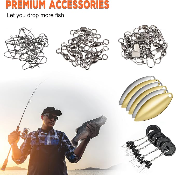 PLUSINNO 253/387pcs Fishing Gear Accessories Kit, Fishing Tackle Box with Tackle Included, Fishing Hooks, Fishing Weights Sinkers, Spinner Blade, Fishing Equipment for Bass Trout Bluegill Crappie