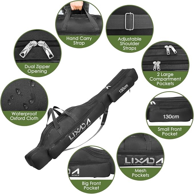 Lixada Fishing Rod Case, Portable Folding Fishing Rod Case Fishing Pole Reel Storage Bag Fishing Gears Organizer