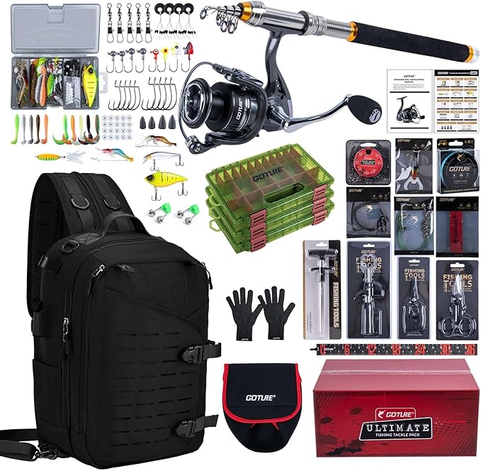 Goture Fishing Kits for Adult,Fishing Pole and Reel Combo, OpenSide Fishing Sling Tackle Storage Bag with 3 Tackle Boxes,Gift for Men