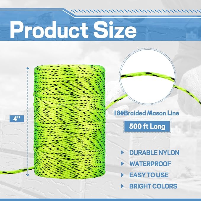 Amylove 6 Roll Mason String Line #18, 500 ft Nylon Braided Construction String Line, Heavy Duty Outdoor Twine Rope for Gardening or Masonry Tools Construction DIY Project, Fluorescent Yellow Black