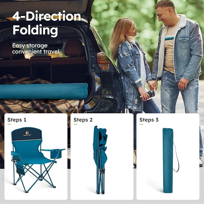 ALPHA CAMP 2-Pack Camping Chair with Cooler Bag, Heavy Duty 250lbs Capacity Folding Chair with Lumbar Support & Side Pocket, Portable Quad Chairs for Beach Fishing Tailgating & Sideline Sport