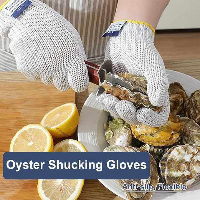 Dowellife Level 8 Reinforced Cut Resistant Gloves, Food Grade, Knife Safety Gloves for Meat Cutting, Oyster Shucking, Fish Fillet, Kitchen Slicing and Wood Carving, White, Large