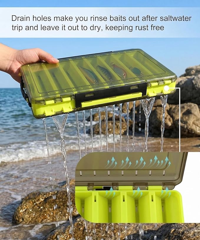 Fishing Tackle Boxes Lure Organizer: 2 Packs Hard Bait Storage Box - Double Sided Fishing Lure Case with 14 Compartments Container (Chartreuse, L)