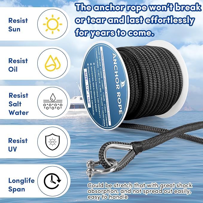 Boat Anchor Rope 150 ft x 1/2 inch Black, Double Braided Anchor Line with Stainless Steel Thimble & Shackle, Marine Rope Ideal for Towing,Mooring,Decks,Anchoring,for Boats Up to 35'