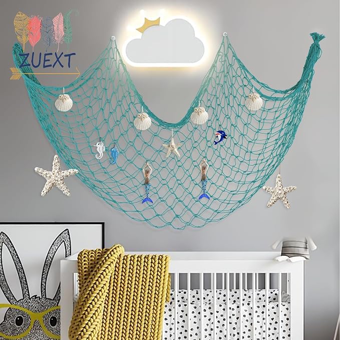 ZUEXT Aqua Decorative Fishing Net 5x10 ft, 3 Pack Large Picture Fish Net, Wall Photo Hanging Fishnet Decor for Nautical Mermaid Pirate Ocean Themed Hawaii Beach Under the Sea Party Decorations