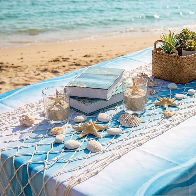 SATINIOR 3 Pcs Fish Net Party Decorations Fishing Net Table Runner 12x72'' Decorative Nautical Cotton Fishnet for Pirate Mermaid Hawaiian Ocean Beach Under the Sea Themed Party Decor (Natural)