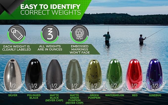 Reaction Tackle Tungsten Flipping Weights for Bass Fishing - Sinkers for Punching Heavy Cover - Fresh & Saltwater - Texas/Carolina Rigs - Size Stamped