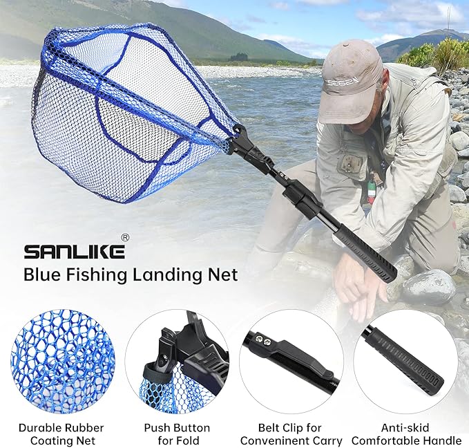 SANLIKE Fishing Net Folding Landing Net with Extra Long Telescoping Pole Handle, 37-98.4inch Rubber Coated Fishing Net for Easy Catch Release, Fish Net for Kids and Adults, 98.4"/ 71"/ 50.4"/ 43"/ 37"