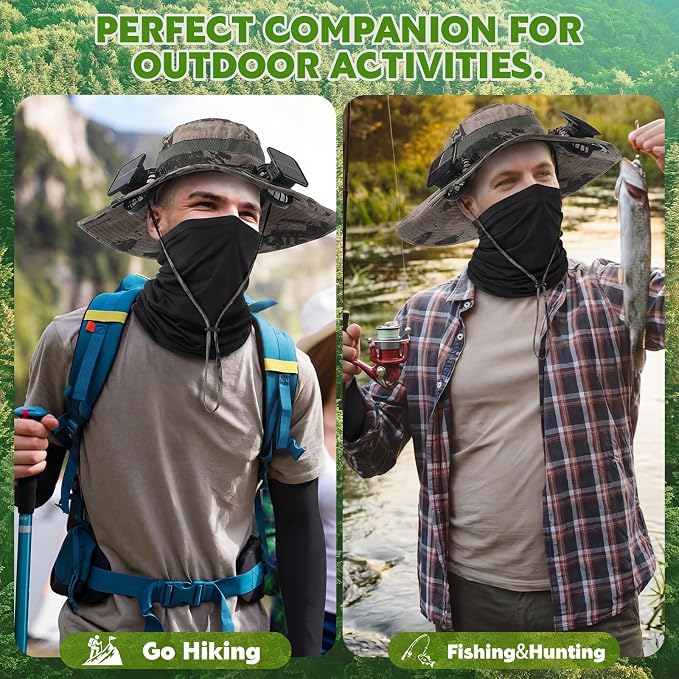 Syhood Solar Powered Fan Hat Neck Gaiter Arm Sleeves Sun Bucket Hat with Fan Cooling Wide Brim Hats for Fishing Hiking