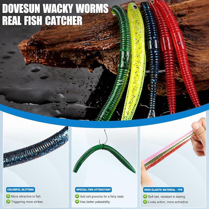 PLUSINNO Wacky Worm Fishing Lure Kit, Soft Plastic Fishing Lures, Grub Baits Hook Wacky Rig Bass Trout Fishing Worms Lures w/Tackle Box