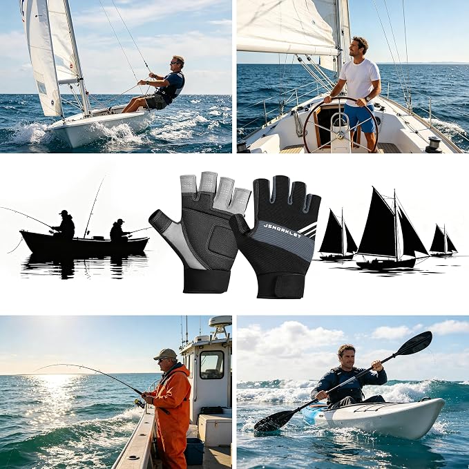 Kayaking Gloves 3/4 Finger Padded Palm Fingerless Gloves for Men Women Youth, with Resistant Palm and Grip, Easy to Take on and Off, for Sailing, Paddling, Kayaking, Fishing, Water Sports