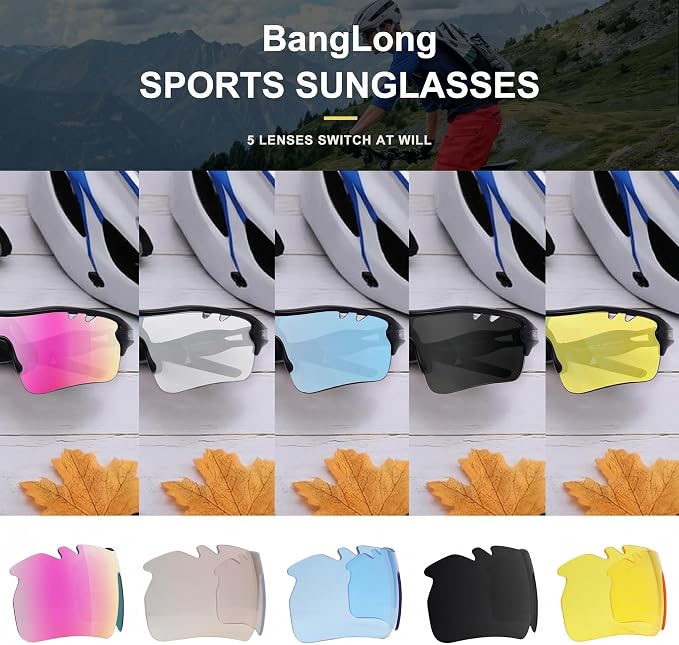 BangLong Polarized Cycling Sunglasses for Men Women, 26g Sports Sunglasses with 5 Lenses for Running Fishing Baseball Driving