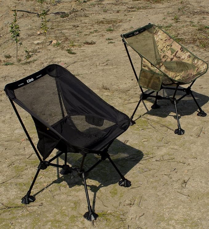 iClimb Ultralight Compact Camping Folding Beach Chair with Anti-Sinking Large Feet and Back Support Webbing (Woodland - Square Frame - 2PC)