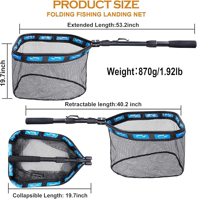 PLUSINNO Floating Fishing Net for Steelhead, Salmon, Fly, Kayak, Catfish, Bass, Trout Fishing, Rubber Coated Foldable Landing Net with Fixed or Telescoping Pole Handle, Fishing Gear and Gifts for Men