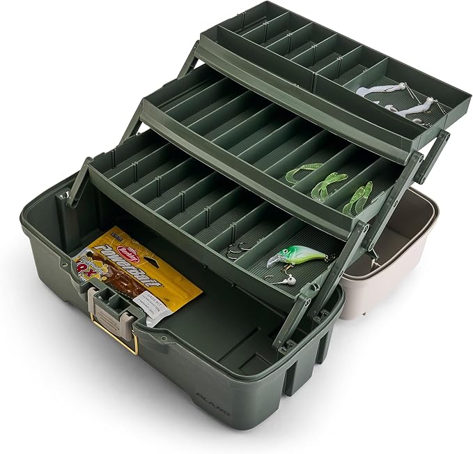 Plano Three-Tray Tackle Box Bass Kit, Tan/Green, Rust-Proof Brass Latch, Top-Access Tray Compartments with Deep Storage, Made in the USA, Portable Fishing Gear Storage Organizer