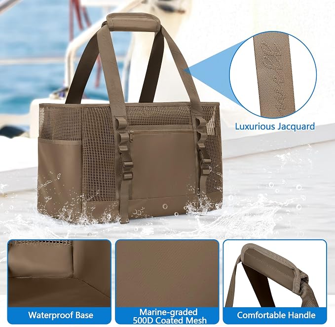 Yarwo Boat Gear Tote Bag, 35.5L Waterproof Boat Accessories Organizer with Marine-grade Coated Mesh and Wet Dry Pockets