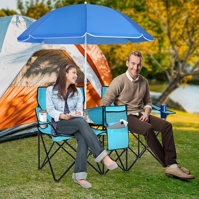 Tangkula Double Camping Chairs with Umbrella, Portable 2 Seat Folding Camp Chair with Cooler Bag, Beverage Holder, Carrying Bag, Foldable Lawn Chair for Outside, Fishing, Picnic, Beach