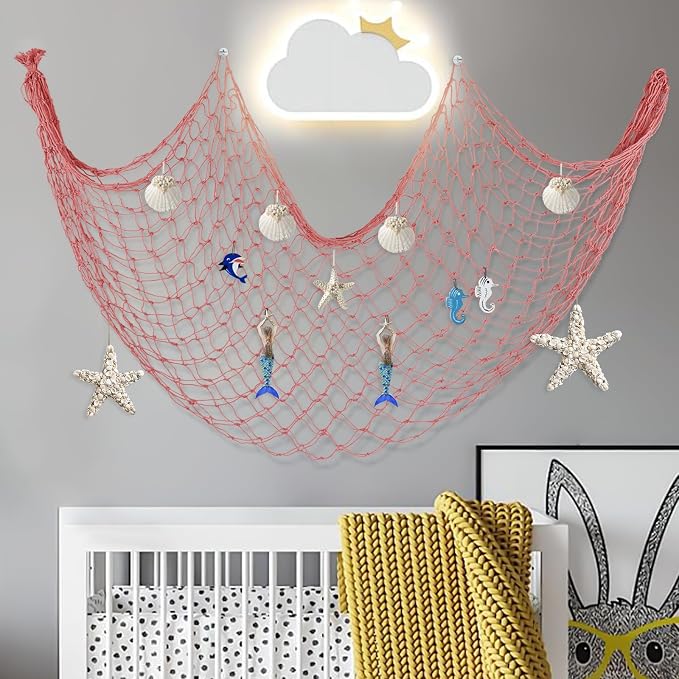 2 Pack Decorative Fishing Net, 80x40 Inch Red Cotton Fish Net for Hanging Stuffed Animals & Table Runner, Nautical Mermaid Pirate Ocean Hawaii Beach Under The Sea Themed Party Decorations