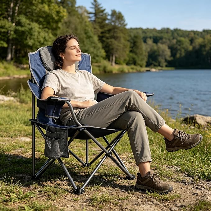 Colorsoul Oversized Camping Chair, Padded Portable Camping Chairs with Cup Holder, Cooler Bag and Shoulder Straps, Heavy Duty Outdoor Folding Chair for Camping, Beach, Fishing, Support 350 LBS, Blue