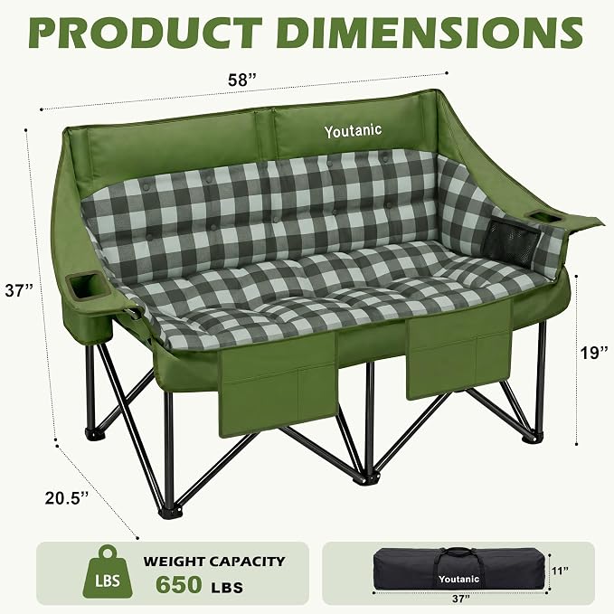 Youtanic Double Camping Chair, Heavy Duty 650lbs Padded Loveseat for Adults, Folding 2 Person Camp Couch with Cup Holder & Carry Bag, Wide Plaid Portable Lawn Seat for Outdoor Beach Sports, Green