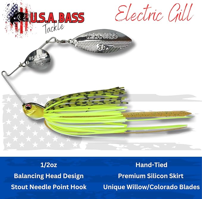 USA BASS Tackle Apache Attack Spinnerbait Type II Largemouth Smallmouth Spotted Bass Premium Fishing Bait Handtied Skirt Custom Blades Heavy Duty Hook New for 2025