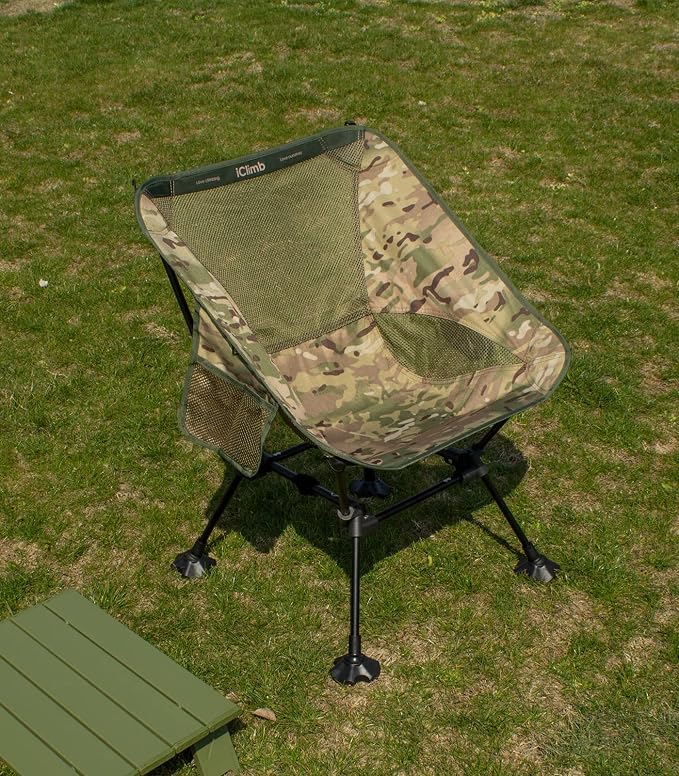 iClimb Ultralight Compact Camping Folding Beach Chair with Anti-Sinking Large Feet and Back Support Webbing (Woodland - Square Frame)