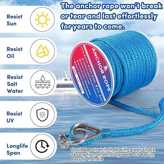 Anchor Rope 100 ft x 1/2 inch Blue, Double Braided Anchor Line with Stainless Steel Thimble & Shackle, Boat Rope with Reflective Strip Ideal for Towing,Mooring,Anchoring,for Boats Up to 35'