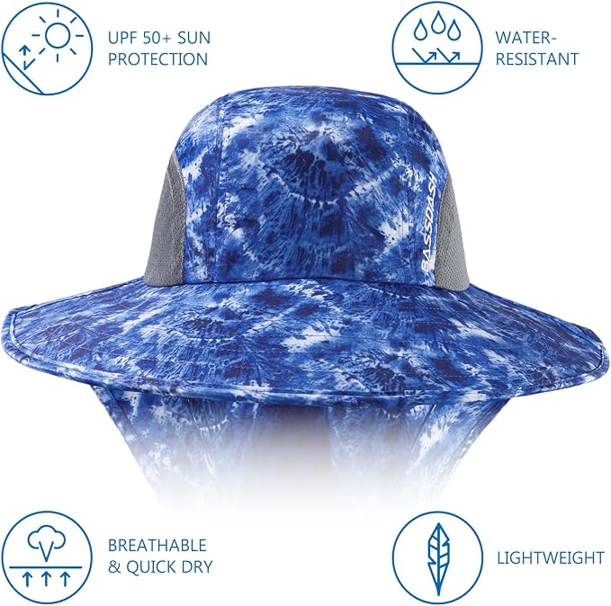 BASSDASH UPF 50+ Unisex Water Resistant Wide Brim Sun Hat with Large Neck Flap Ponytail Fishing Hat for Men Women