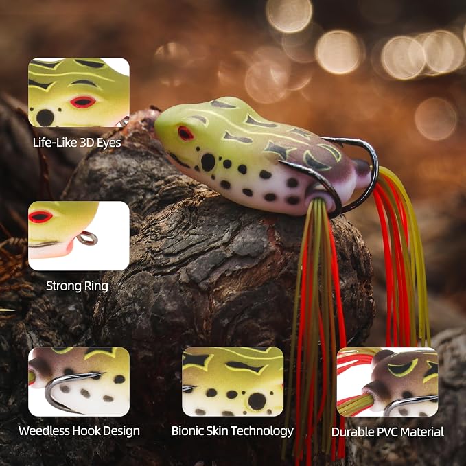 Soft Frog Lures, Topwater Swimbaits for Bass Fishing, Realistic PVC Design, Weedless Hooks, Perfect for Freshwater & Saltwater, Effective Fishing Lures for Pike & Snakehead