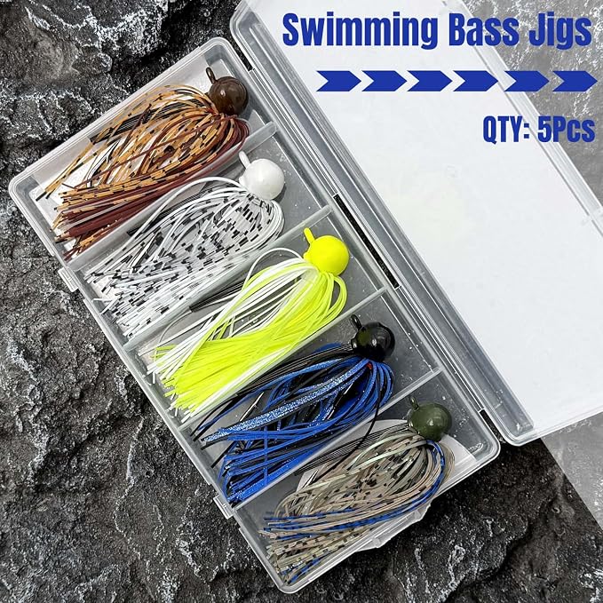 Weedless Football Jigs for Bass Fishing, Multi-Coloured Finesse Football Jig Heads with Vivid Hand-Tied Silicone Skirt and Weed Guard 1/4 3/8 1/2 3/4oz (Pack of 5)