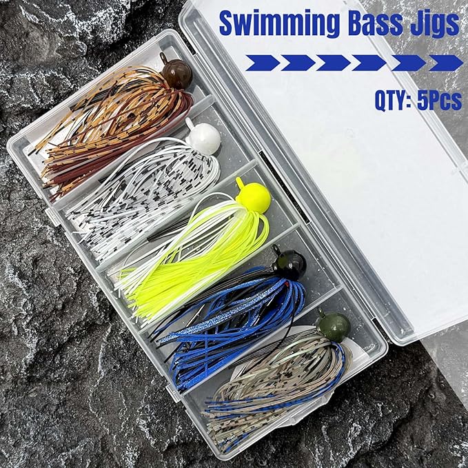 Weedless Football Jigs for Bass Fishing, Multi-Coloured Finesse Football Jig Heads with Vivid Hand-Tied Silicone Skirt and Weed Guard 1/4 3/8 1/2 3/4oz (Pack of 5)