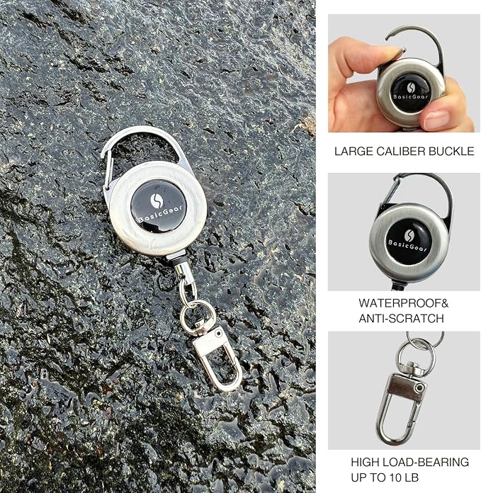 BasicGear Zinger Retractable Keychain 2 Pack – Brushed Metal with 24" Cord, Heavy Duty Badge Reel for Fishing & Outdoors