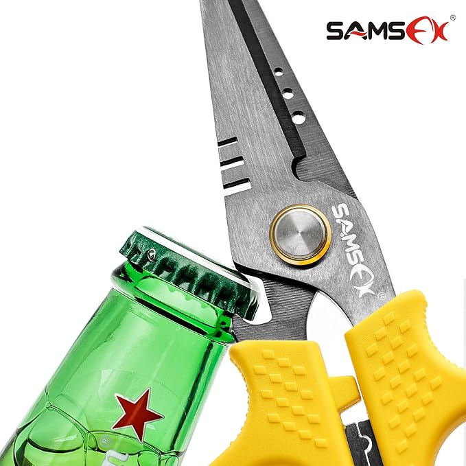 SAMSFX Fishing Braid Line Scissors Shears with Titanium Coating and Dual-Serrated Blade, Kraton Handle, Arrives with Hard Sheath and Coiled Lanyard (Yellow Kraton Handle)
