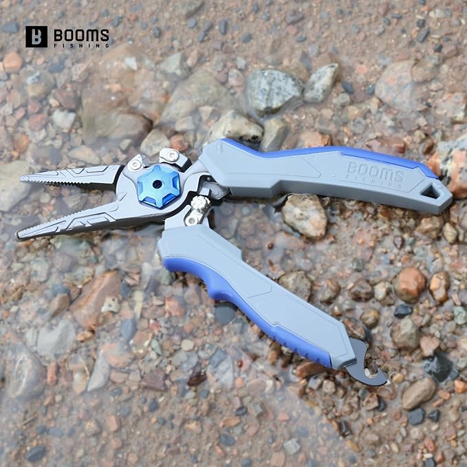 Booms Fishing Pliers Hook Remover: 8.1" Angled Carbon Steel Fish Pliers for Saltwater - Fishing Line Cutter with Lanyard - Braided Cutters & Crimper with Safety Lock, Multi-Function Gear for Men, F09
