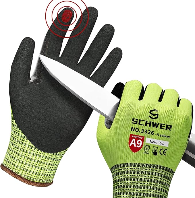 Schwer ProGuard High Level Cut Resistant Work Gloves 3326 for Extreme Protection, Working Gloves with Sandy Nitrile Coated, Touch-screen, Durable, Washable, Yellow 1 Pair L