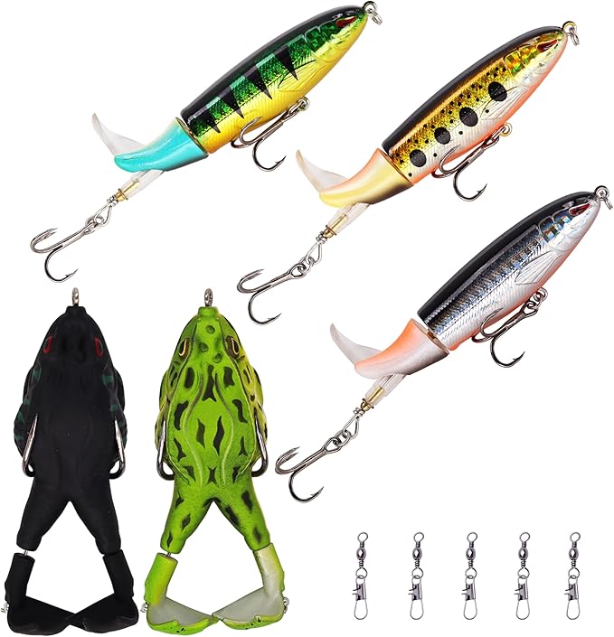 Topwater Bass Fishing Lure Kit, Plopping Propeller Tail Bigger Splash Whopping, Soft Plastic Frog Bait 3D Eyes Lifelike Body Pattern, for Bass Snakehead Musky Pike Walleye, 5 pcs…