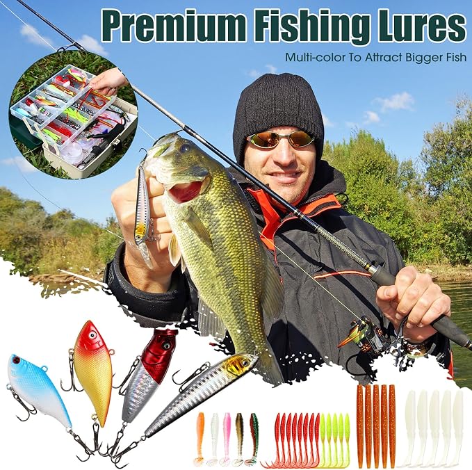 517 Pcs Father's Day Large 3 Layers Tackle Box with Tackle Fishing Lures Kit Included Pliers, Fish Lip Gripper, Crankbait, Hooks, Other Accessories Fishing Kit for Men Gifts(Dark Green Milky White)