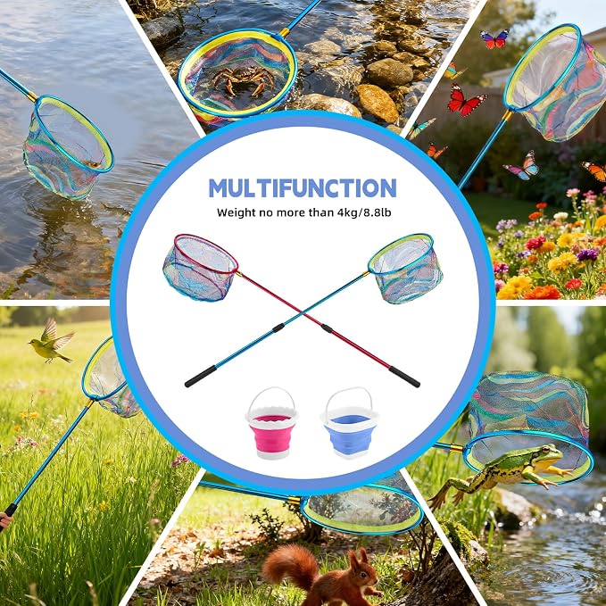 2PCS Telescoping Kids Fishing Net with Handle and Collapsible Bucket Kits-with Lightweight Aluminum Pole,Suitable for Catching and Releasing Fish,Minnow,Crabs,Butterfly,Frogs or Small Animals Outdoor