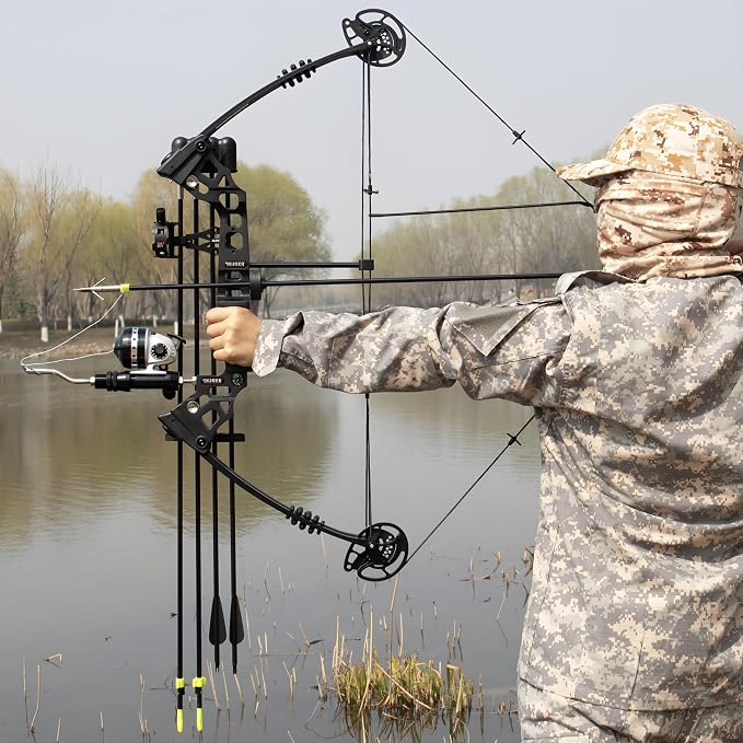 Bow Fishing Combo Kit 20-70 LBS Hunting Compound Bow Fishing Bow Set with Bowfishing Arrow and Fishing Reel for Bowfishing Archery Hunting Left & Right Handed Black