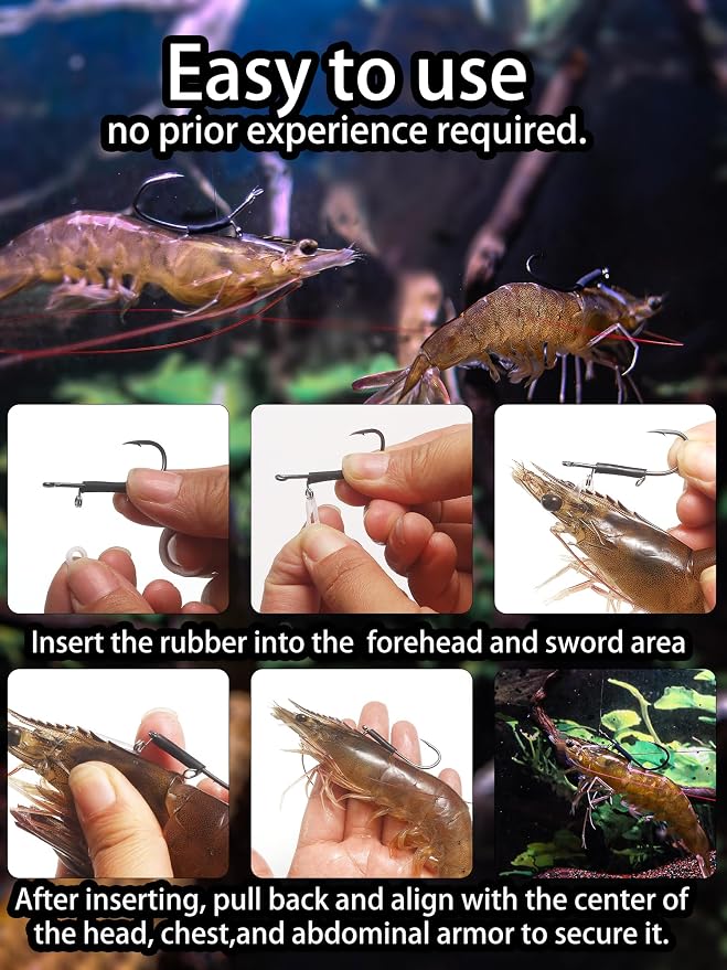 24Pcs Live Shrimp Hooks Saltwater Fishing Hooks - 3X Strength Stainless Steel Steel Wire Rig Accessories Ready to Use 2 Sizes Rubber Bands Freshwater