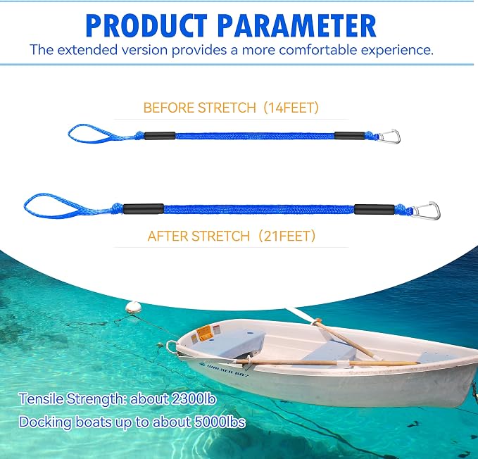 Single Hook Bungee Dock Lines – Heavy-Duty Elastic Mooring Ropes for Boats, PWCs & Kayaks | Adjustable PVC Sleeve | 316 Stainless Steel Clip (1, Blue, 14 Feet)