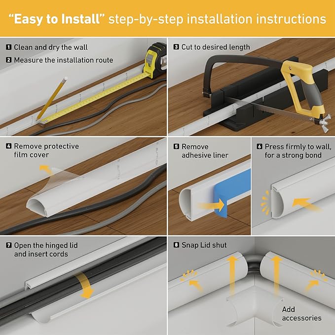 D-Line 13.12ft Cord Hider Kit, Patented Cable Cover, Hide Wires on Wall, Channel for TV Mount Cords, Raceway Wire Hiders, Paintable, Adhesive, Half Round, 4X 0.78in W x 0.39in H x 39in Lengths, Beige