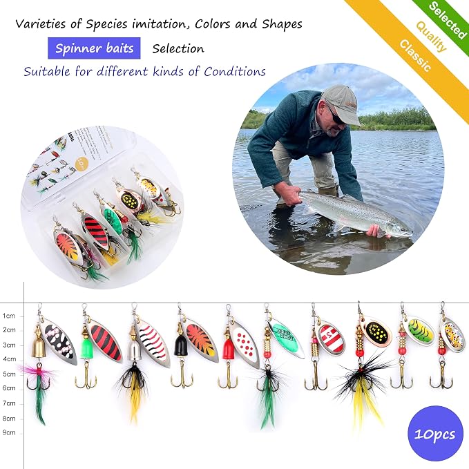 EXAURAFELIS 10/30pcs Fishing Lure Spinnerbait with Feathered Treble Hooks Rooster Tail Fishing Lures Spoon Lures for Bass Salmon Trout Spinner Baits with Tackle Box