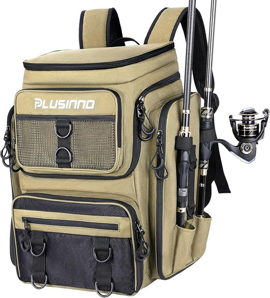 PLUSINNO Fishing Backpack with Rod Holders, 42L Large Water-Resistant Tackle Bag for Fishing, Camping, Hiking, Gifts - Khaki