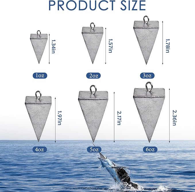Pyramid Sinkers Fishing Weights, Saltwater Fishing Sinkers for Surf Fishing Gear Tackle - 1oz, 2oz, 3oz