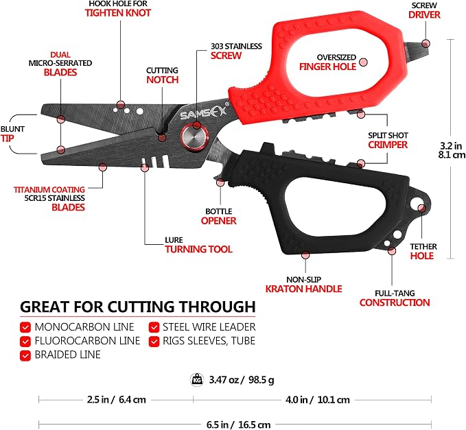 SAMSFX 6.5" Pro Fishing Shears Dual Serrated Blades, Fishing Braided Line Scissors with Titanium Coating, Non-Slip Grip & Multifunction Tool, Includes Hard Molded Locking Sheath & Coiled Lanyard