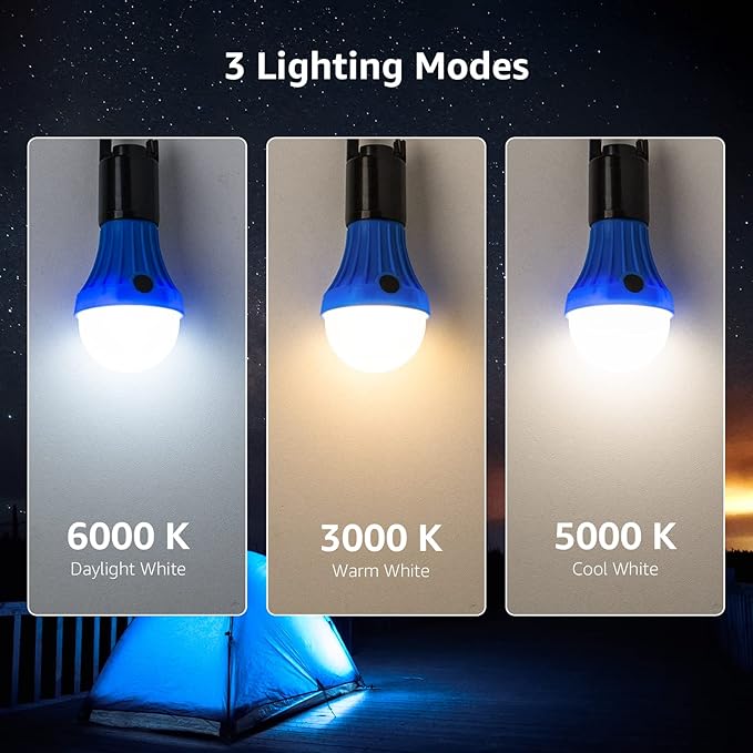 Lepro Portable LED Camping Lantern, Camping Essentials with 3 Lighting Modes, Hanging Tent Light Bulbs with Clip Hook for Camping, Hiking, Hurricane, Power Outages, Batteries Included, 4 Packs